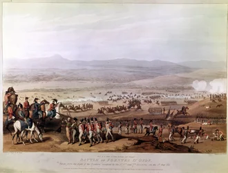 Batalha de Fuentes d&39;Onoro em 5 de maio de 1811, de "Uma série de opiniões sobre as principais ocorrências das campanhas na Espanha e Portugal", gravada por C. Turner, 1812 (aquatint)